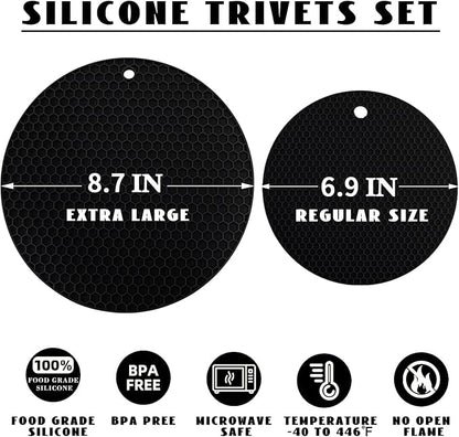 4 Pack Silicone Trivet Mats, 7 Inch & 9 Inch Flexible Heat Resistant Silicone Hot Pads Pot Holders for Kitchen Counter, Round Trivets for Hot Dishes - Potholders Jar Opener(Black)