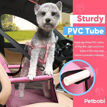 Petbobi Pet Reinforce Car Booster Seat for Dog Cat Portable and Breathable Bag with Seat Belt Dog Carrier Safety Stable for Travel Look Out,with Clip on Leash with PVC Tube, Pink