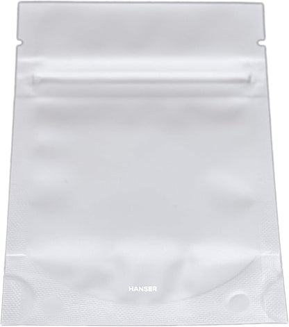 HANSER | Smell Proof Odorless Mylar Resealable Foil Pouch Bags with clear Window | Stand up bottom | Airtight | matte white | 100 Pieces | 3x4 inches