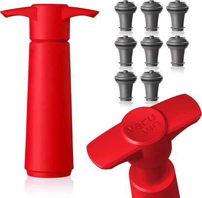 Vacu Vin Wine Saver Pump Red with Vacuum Wine Stopper - Keep Your Wine Fresh for up to 10 Days - 1 Pump 8 Stoppers - Reusable - Made in the Netherlands