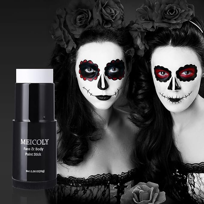 MEICOLY Black White Face Body Paint Stick Kit,1.06Oz Clown White Makeup Kit,2pcs Halloween Face Paint Grease Cream Mime Sticks,Joker Zombie Vampire Skeleton Cosplay with 2pcs Sponges