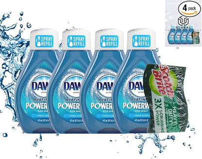 Dawn Powerwash Spray Refill Dish Soap, 4 Pack 16 Fl Oz Dawn Platinum Fresh Scent Dishwashing Liquid, Heavy Duty Power Wash Refills Bundle with Scotch-Brite Heavy Duty Scrub Sponge
