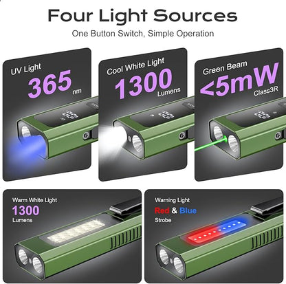 EDC Flashlight 4 in 1 Pocket Magnetic Slim Flat Flashlight High Lumens Work Light with Green Beam & UV Light & Warning Light Combo EDC Rechargeable LT-010 (Green Color)