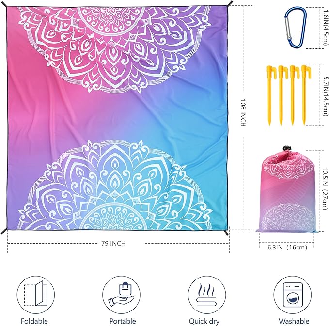Beach Blanket Waterproof Sandproof Beach Mat 79" X 83"/10'x9'for 2-8 Adults Quick Drying Outdoor Picnic Mat Beach Accessories for Travel, Camping, Hiking
