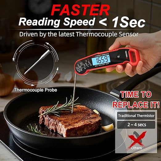 Professional Food & Meat Thermometer, 1 Sec Instant Read & ±0.5℉ Accuracy Driven by Thermocouple Sensor. IP67 Waterproof Digital Thermometer for Cooking, BBQ, Grill Gifts for Men Him Dad Birthday