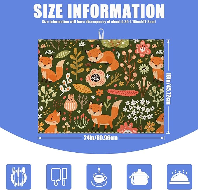 Cute Fox Dish Drying Mat for Kitchen Counter Animals Drying Pad Absorbent