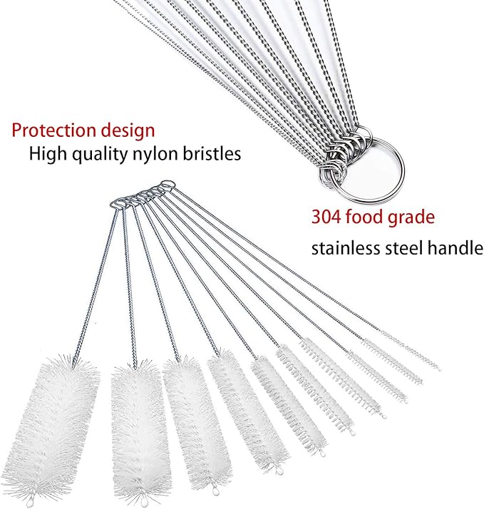 Long Straw Brush, Nylon Pipe Tube Cleaner 8-ihch 10 Different Diameters Set of