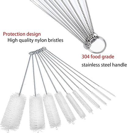 Long Straw Brush, Nylon Pipe Tube Cleaner 8-ihch 10 Different Diameters Set of