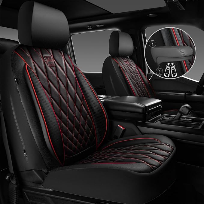 CAR PASS Piping Luxury Leather Seat Covers Full Set,5 Seats Anti-Slip Waterproof Seat Covers Compatible with Front Armrests,Universal Fit for Sendan SUV Van Truck,Airbag Compatible,Black and Red