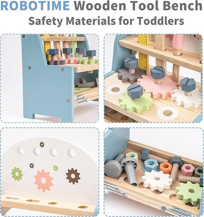 ROBOTIME Tool Bench Set for Toddlers - Mini Wooden Work Bench for Kids, Construction Toys w/Wooden Tools, Educational Pretend Play Gift Building Toy Tools Set for 18 Months 2 3 4 5 Boys Girls