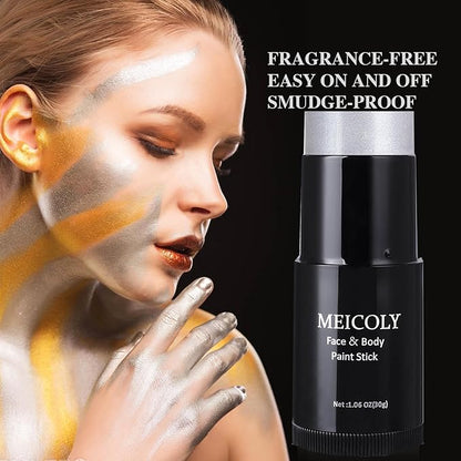 MEICOLY Silver Face Body Paint Stick(1.06 Oz),Blendable Face Paint Stick for Halloween Tin Man Special Effects SFX Cosplay,Sweatproof Waterproof Eye Black for Baseball/Softball/Football
