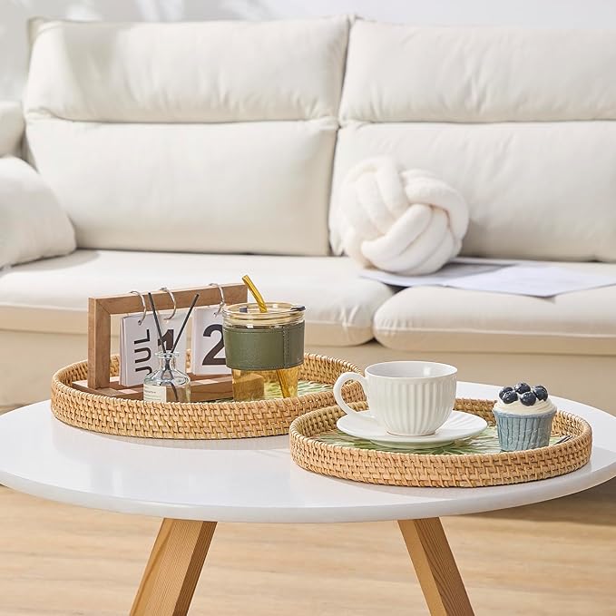 Round Rattan Tray with Mother of Pearl Inlay, Rattan Serving Tray with Wooden Base, Decorative Wicker Basket for Table Decor, Storage and Display of Coffee Bread Food Fruit (Leaf 13.5")