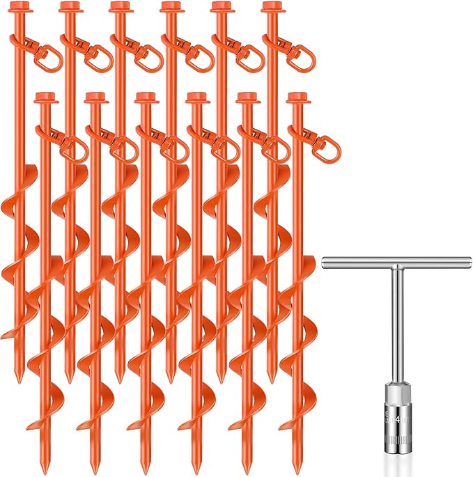Zhengmy 12 Pcs Ground Anchors Screw in, 12 Inch Heavy Duty Tent Stakes with Trampoline Anchor Hook Ground Stakes for Camping Tent Canopies Ports Sheds Swing Sets Securing Animals (Orange)