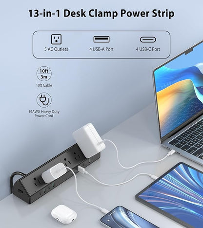 45W Fast Charging Station, Desk Clamp Power Strip, 4 PD USB-C Ports, 5 AC
