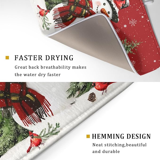 Christmas Dish Drying Mat for Kitchen Counter Snowman Green Christmas Tree