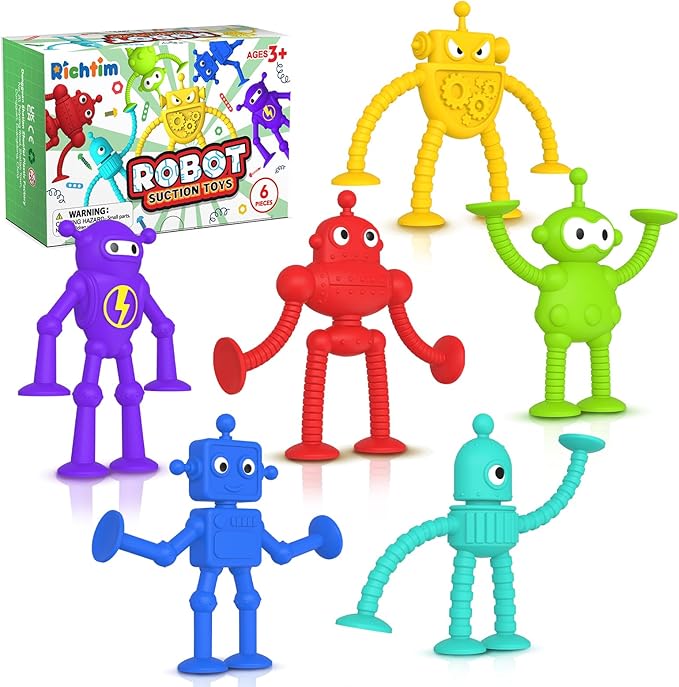 Baby Bath Toys Suction Toy: No Hole Bath Toy for Toddlers - Robot Fidget Suction Cup Toys - Window Building Sensory Toy for Boys Girls Travel Gifts - Christmas Stocking Stuffers for Kids