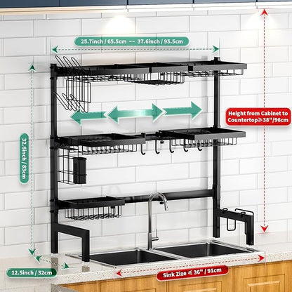 Over The Sink Dish Drying Rack, Expandable Length 3-Tier Large Stainless Steel