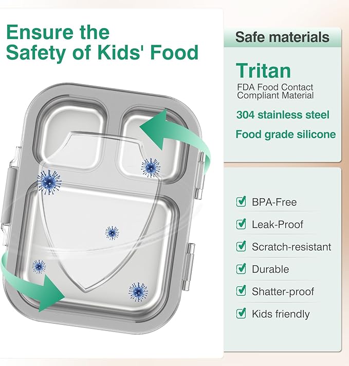 Stainless Steel Lunch Box, 3 Compartments Metal Bento Box for Kids Adults, Leak-Proof Lunch Box for School Office, Dishwasher Safe, BPA-Free, Tritan Lid, Grey
