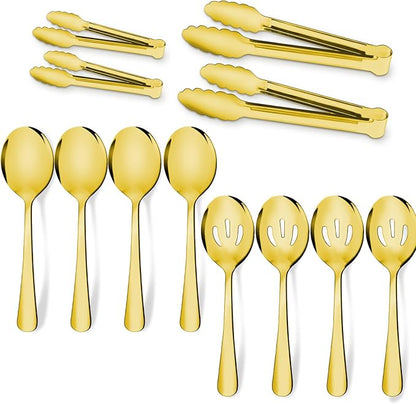 12PCS Gold Stainless Steel Serving Utensils Sets - Large Serving Spoons,Slotted Spoons,Serving Tongs,Appetizer Tongs,Utensills Sets for Buffet Catering Banquet Party (Gold)