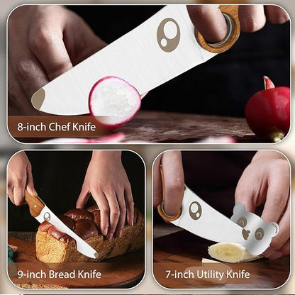 Kids Knife Set for Real Cooking with Educational Ring, Rounded Tip, Fingers Guard, 4 Pieces Kids Kitchen Knife Kit for Children and Teaching Food Prep and Kitchen Safety