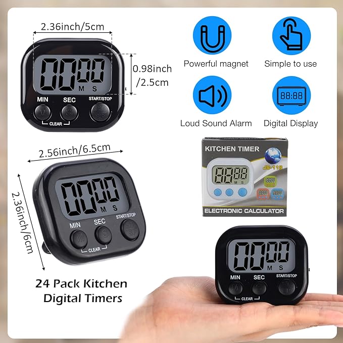 Leumoi 24 Pcs Digital Kitchen Timers Magnetic Back Timers Bulk Large Screen