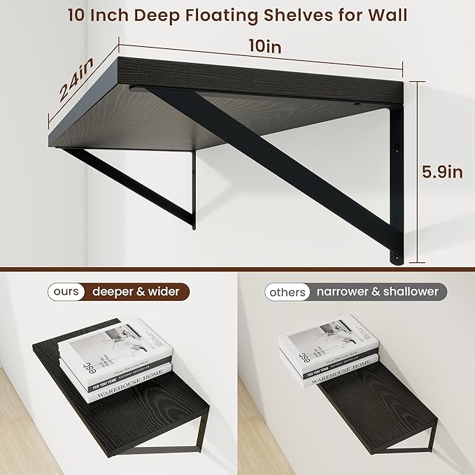 Axeman Deep Floating Shelves | 24 Inch Black Wall Shelves Set of 2 | 10 Inch