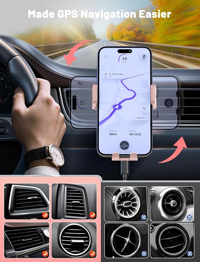 Wireless Car Charger, MOKPR Auto-Clamping Car Mount 15W/10W/7.5W Fast Charging Air Vent Car Phone Mount Compatible with iPhone 15/14/13/13 Pro/12 Pro Max/12 pro/12/11/10 Series, Samsung Galaxy Pink