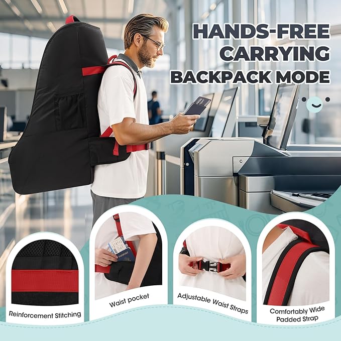 RAINSMORE Padded Car Seat Travel Bag for Airplane Heavy Duty Car Seat Backpack for Air Travel Baby Carseat Cover Bags for Airport Large Car Seats Carrier Fits Car Seats & Booster Seats, Black