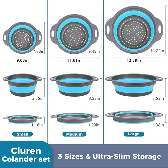Collapsible Colander Set with Oversized Draining Tray | 3-Pack Foldable Kitchen