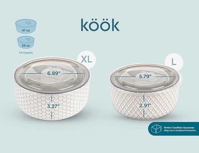 KooK Serving Bowls, with Lids, Ceramic Nesting Bowls, Microwave and Dishwasher