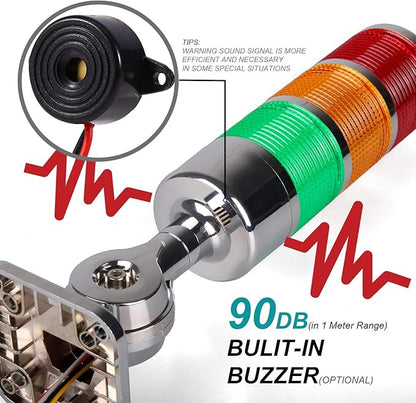 110V to 220V LED Stack Tower Lights, Industrial Warning Lights, Andon Lights, Column Signal Tower Indicator Lamp Beacon, Continuous/Flashing Light Switchable, 1 Layer (with Buzzer)