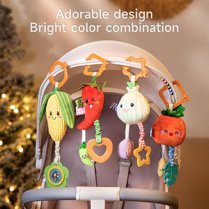 TUMAMA Hanging Baby Toys, 4 Pack Vegetable Crib Stroller Baby Gym Mobile Plush Toys, Early Baby Cognitive Sensory Hanging Rattle Toys with Teether. Suitable for Babies 0, 3, 6, 9, 12 Months