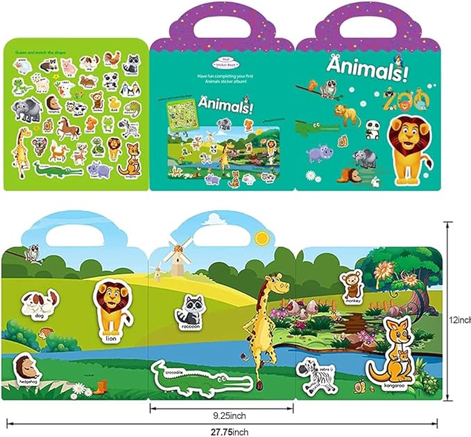 Reusable Sticker Book for Kids, Animal Stickers Educational Learning Toys Travel Stickers Activity Books for Toddler Girls Boys Age 3+ Birthday Gifts