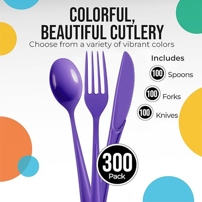 Party Solids Purple Plastic Silverware Heavy Duty 300 Pieces Purple Plastic Cutlery Sets, Utensil Sets, 100 Of Each Forks, Knives & Spoons Disposable Cutlery Set, Flatware Set For Party Supplies
