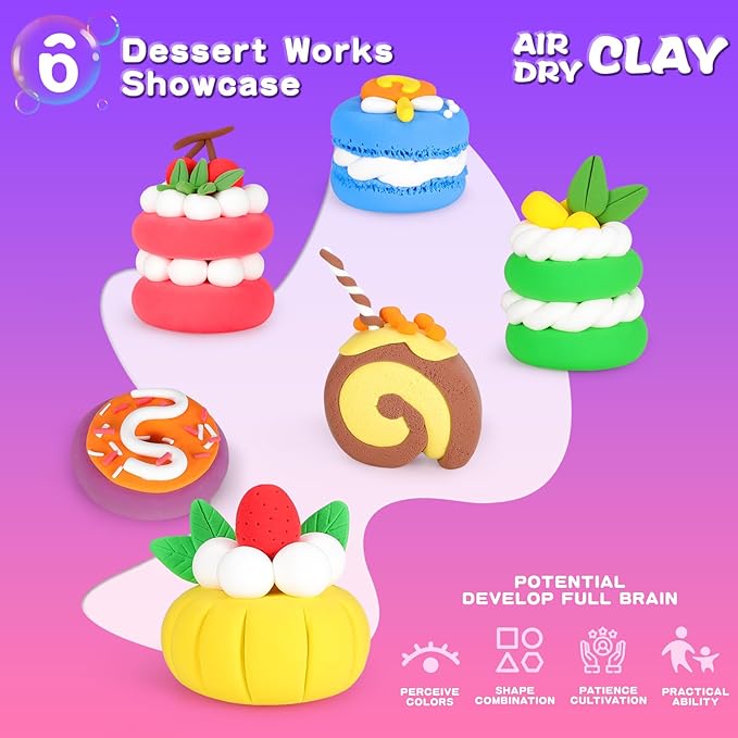 ifergoo Air Dry Clay Kit for Kids - Cakes Modeling Clay, Includes 6 Dessert Designs and Display Stand, DIY Art & Crafts School Projects, Home Party Kids Toys, Holidays Gifts for Age 3-12 Girls & Boys