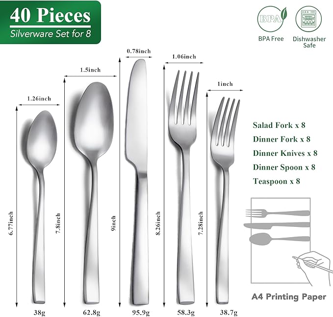 40 Piece Silverware Set Service for 8, EIUBUIE Premium Stainless Steel Cutlery Set, Matte Finish Flatware Sets Durable Solid, Modern Kitchen Tableware Eating Utensil Sets Include Spoons Forks Knives