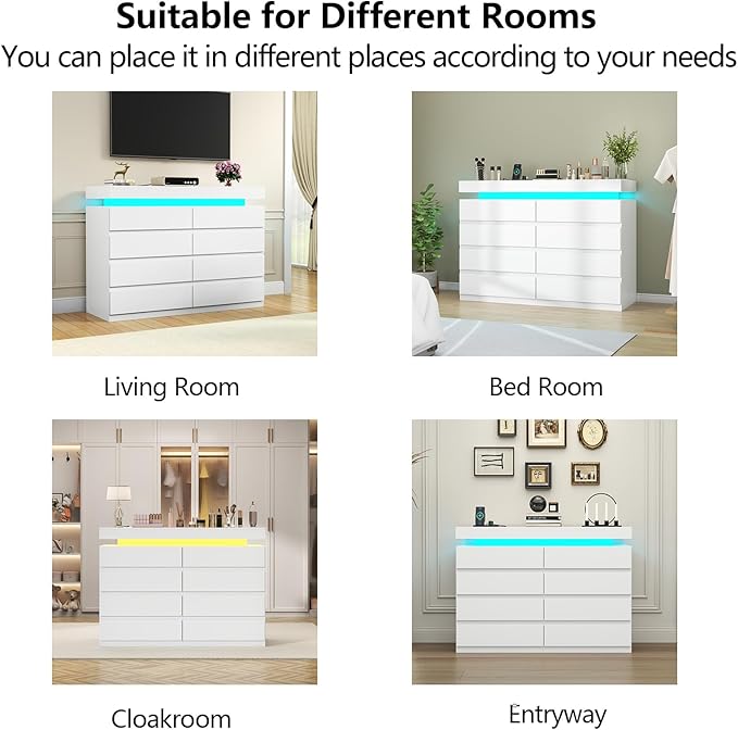 8 Drawer Dresser with Power Outlet, Dresser with LED Light, Modern Chest of