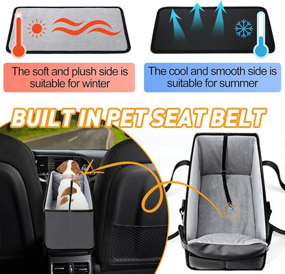 Portable Dog Car Seat for Small Dogs - Adjustable Safety Leash, Washable Cushion & Storage Pocket - Pet Booster Seat for Car Travel- Grey