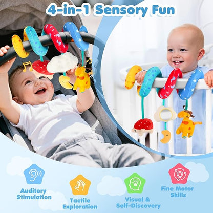 URMYWO Spiral Car Seat Toys for Babies 0-6 Months, Hanging Toy Fits Stroller, Developmental Sensory Baby Toy with Bell Crinkle Mirror, Baby Travel Gear Shower Gift for Boys Girls