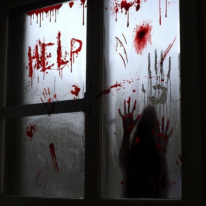 2 Sheets Halloween Window Clings Scary Ghost Window Stickers Decals Double-Sided DIY Glass Stickers Bloody Handprints Female Ghost Shadow Designs Spooky Halloween Party Decor Supplies
