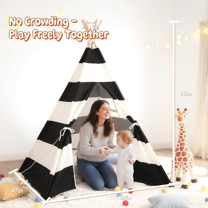 Teepee Tent for Kids with Carry Bag, Washable Playhouse for Indoor Use, Ideal Play Tent for Girls and Boys, Stripe Black