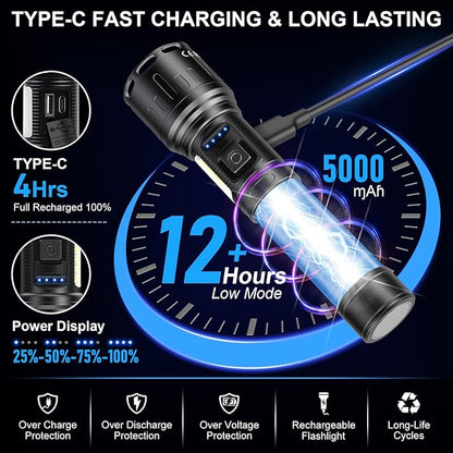 Rechargeable Magnetic Flashlights High Lumens, Super Bright LED Powerful Flashlight 8 Modes with COB Work Light, Waterproof Handheld Flash Light for Camping (2 Pc with Leather Box, Black)