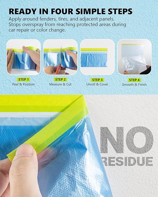 Pre-Taped Masking Film for Painting(1 Roll) - 44" x 66'Painters Plastic Sheeting with Tape and Drape, Painters Drop Cloth for Automotive & Home, Cover for Walls/Floors/Windows/Cars Protection