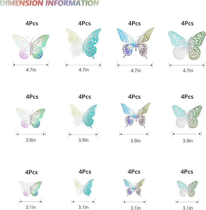 SAOROPEB 3D Butterfly Wall Decor - 48 Pcs, 4 Styles, 3 Sizes - Removable Stickers (Laser)