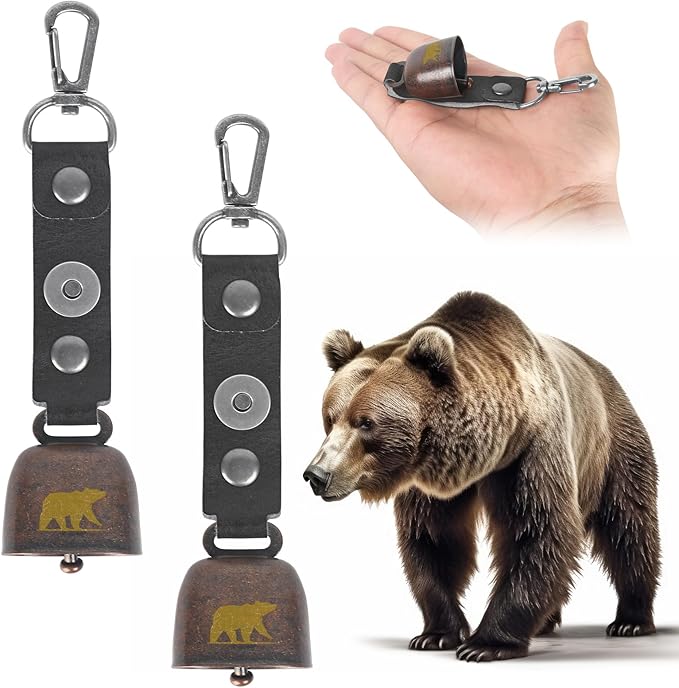 2 Pack Loud Bear Bells with Magnetic Silencer, Leather Button Strap, Carabiner for Bear Deterrent, for Survival, Hiking