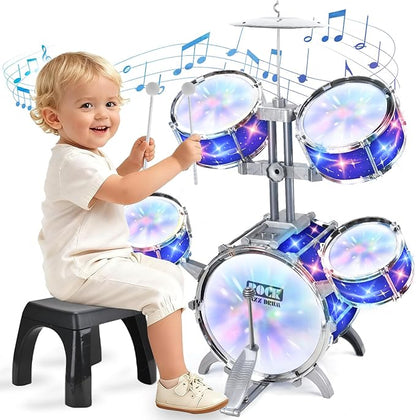 Upgraded Kids Drum Set for Toddlers w/ Light (All Plastic), Musical Gifts Toys for Boys Girls, Kids Jazz Drum Kit for Beginner Music Practice, Christmas Birthday Gift