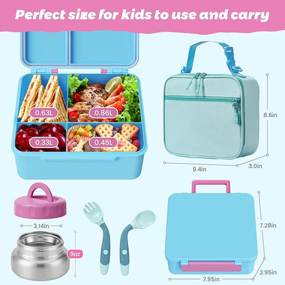 Kids Bento Lunch Box with Thermos, Leakproof Toddler Bento Box with 9 OZ Insulated Food Jar, Lunch Bag & Utensils 3 or 4 Compartment Container for School Girls Boys