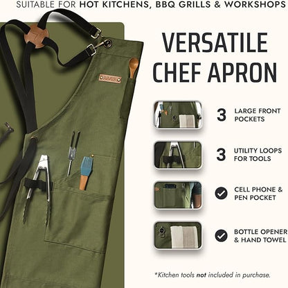 Asaya Chef and BBQ Apron with Bottle Opener and Hand Towel - 10oz Cotton Canvas