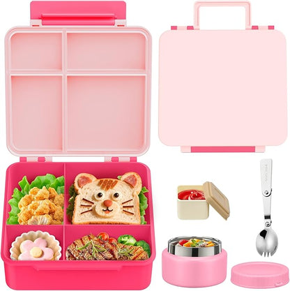Kids Bento Lunch Box with 8oz Soup Thermo, Kids Leakproof Lunch Food Containers with 4 Compartment,Insulated Hot Food Jar with Lunch Bag for School, Travel (Pink-No lunch bag)