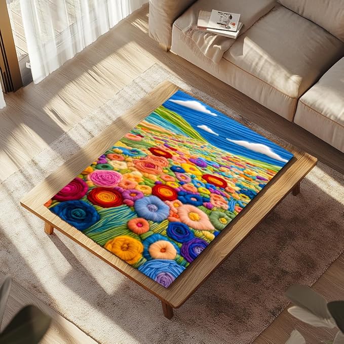 Bgraamiens-Felted Flower Grassland-Colorful Flowers on a Lush Grassland, Unique Flowers Art, Whimsical Wool Felted Wall Decoration